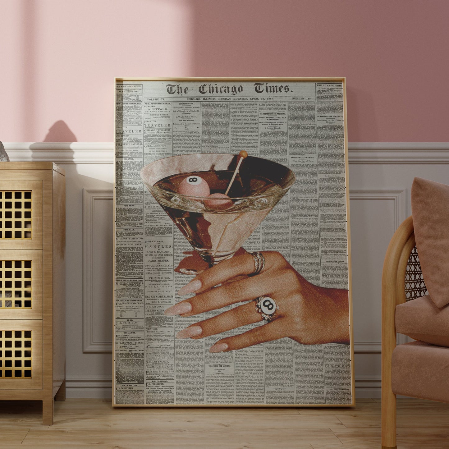 Pink Retro 8-Ball Martini Cocktail Print - Digital Print