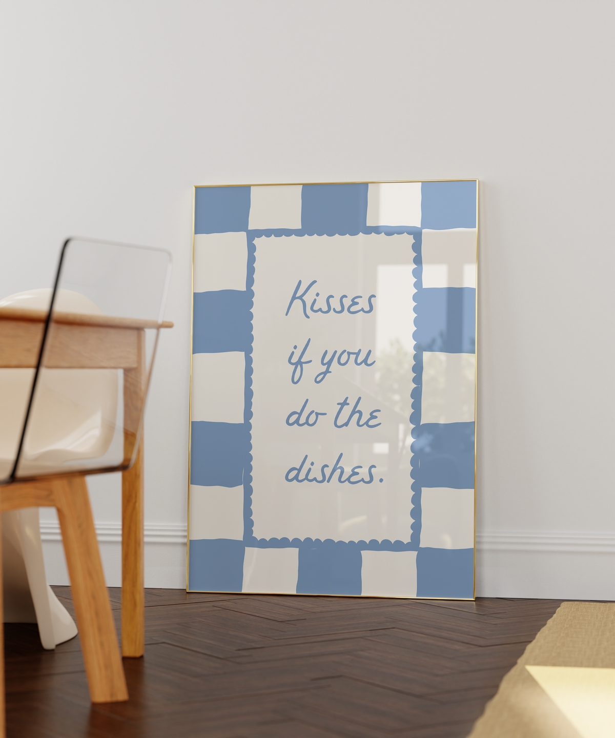 Kisses If You Do The Dishes | Blue Gingham Kitchen Print