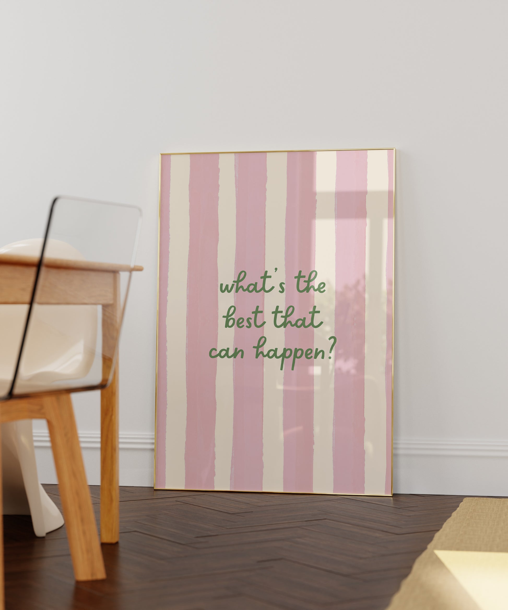 Print with soft pink hand-painted brush stroke stripes and the quote "What's the best that can happen" in script lettering.