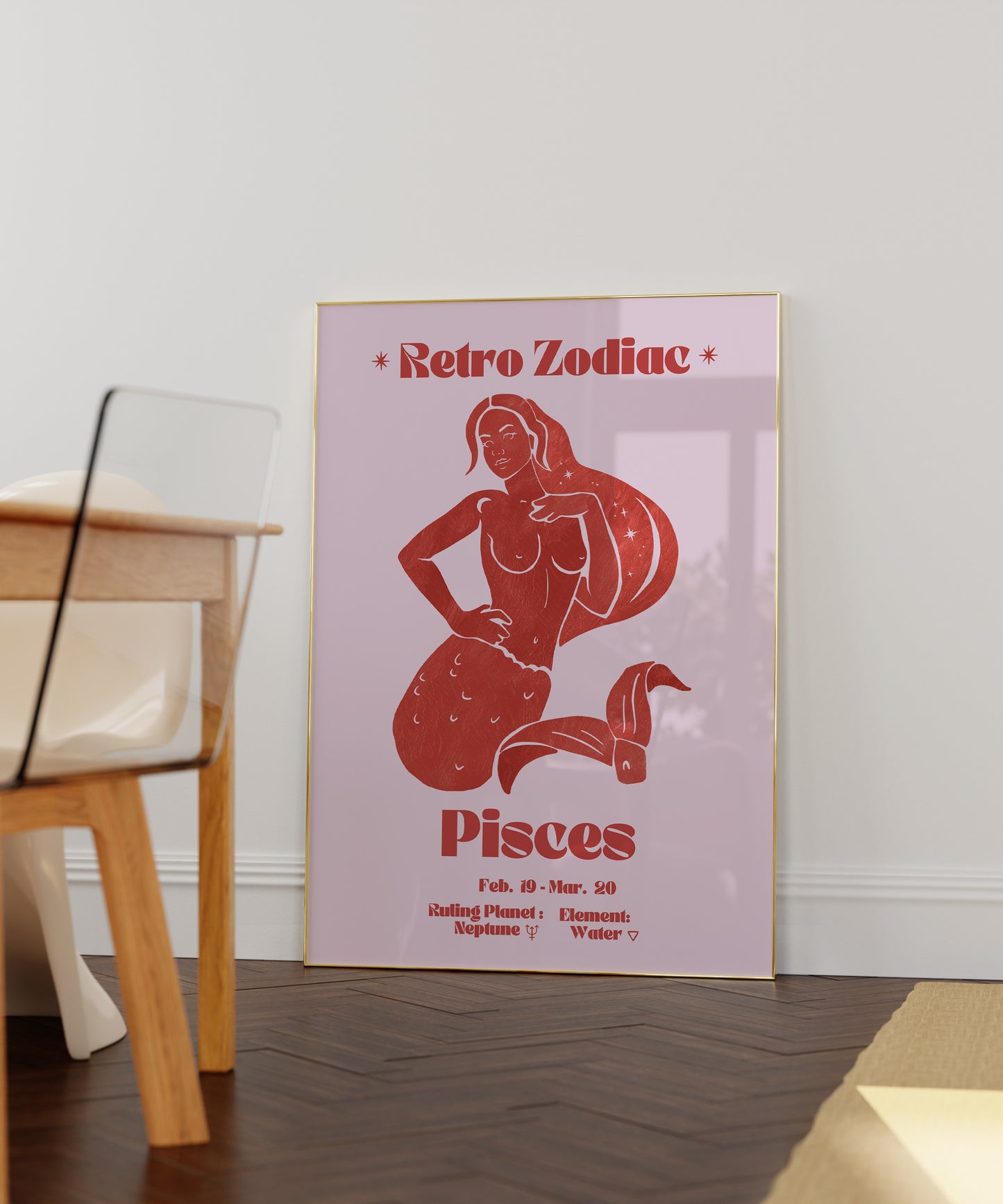 Retro Zodiac Pisces Goddess Wall Art Print, Sun Sign Art