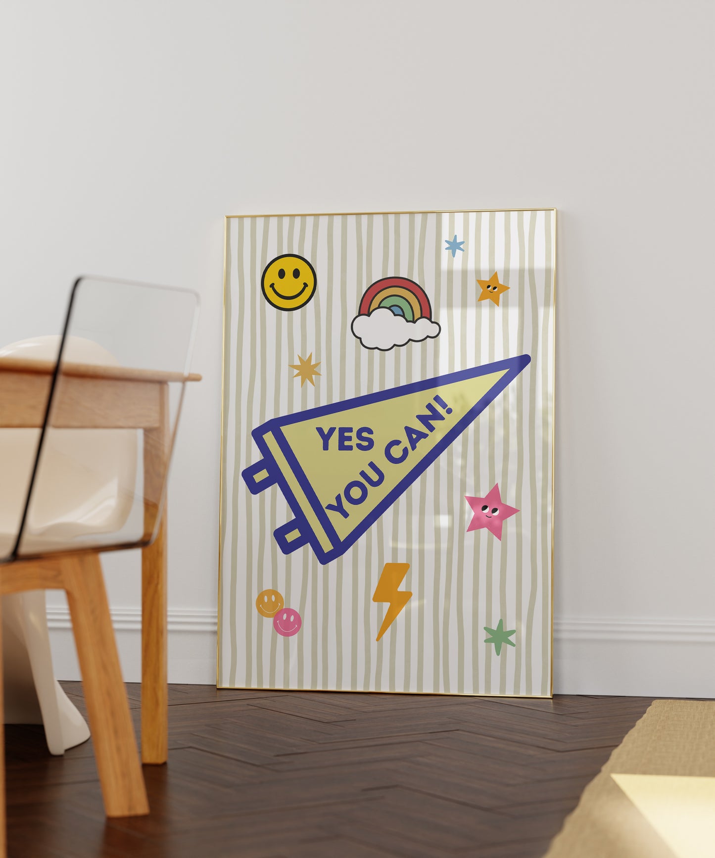 Yes You Can varsity pennant art print in pink bedroom gallery wall — motivational dorm wall art instant download