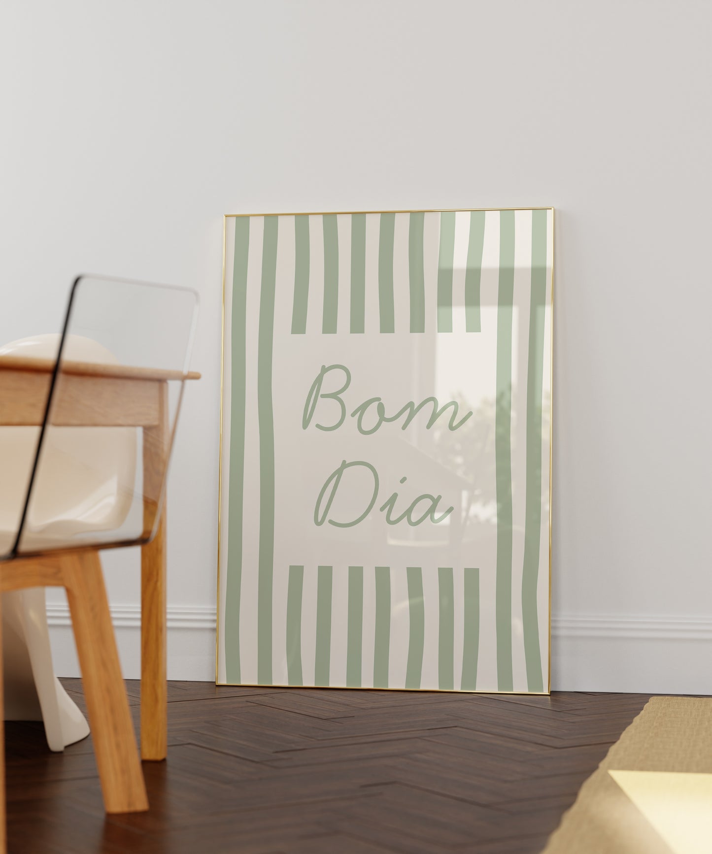 Bom Dia Sage Green Striped Art - Digital Print