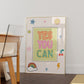 Set of 10 pastel classroom prints in a retro style, including blue pennant flags reading kind, brave, curious, a daily feelings check-in chart with smiling star, cloud, and sun characters, a puzzle piece print reading "There's a place for everyone," and colourful typography posters with quotes like "Wrong answers welcome," "Yes you can," and "It's a good day to try again."