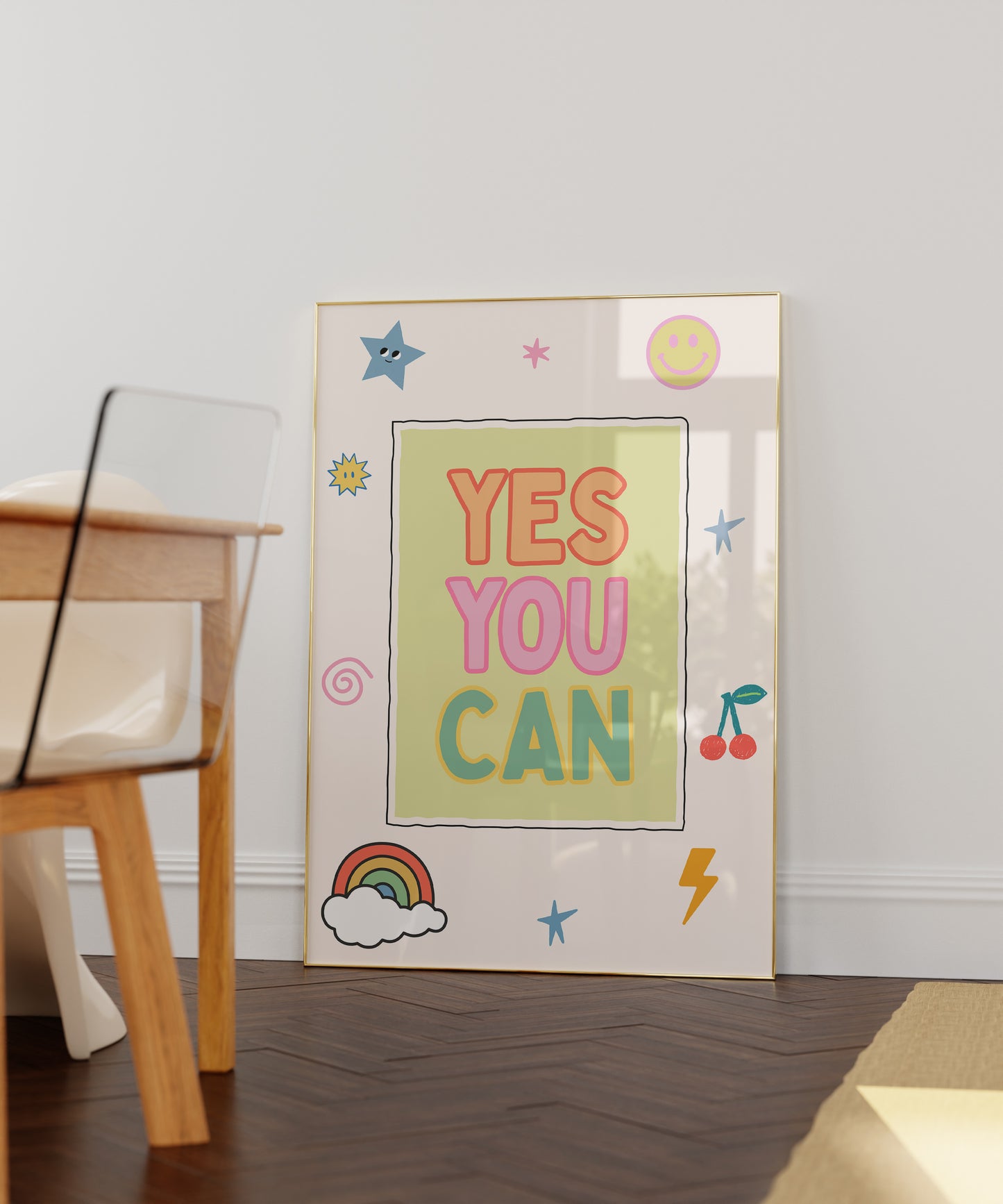 Set of 10 pastel classroom prints in a retro style, including blue pennant flags reading kind, brave, curious, a daily feelings check-in chart with smiling star, cloud, and sun characters, a puzzle piece print reading "There's a place for everyone," and colourful typography posters with quotes like "Wrong answers welcome," "Yes you can," and "It's a good day to try again."