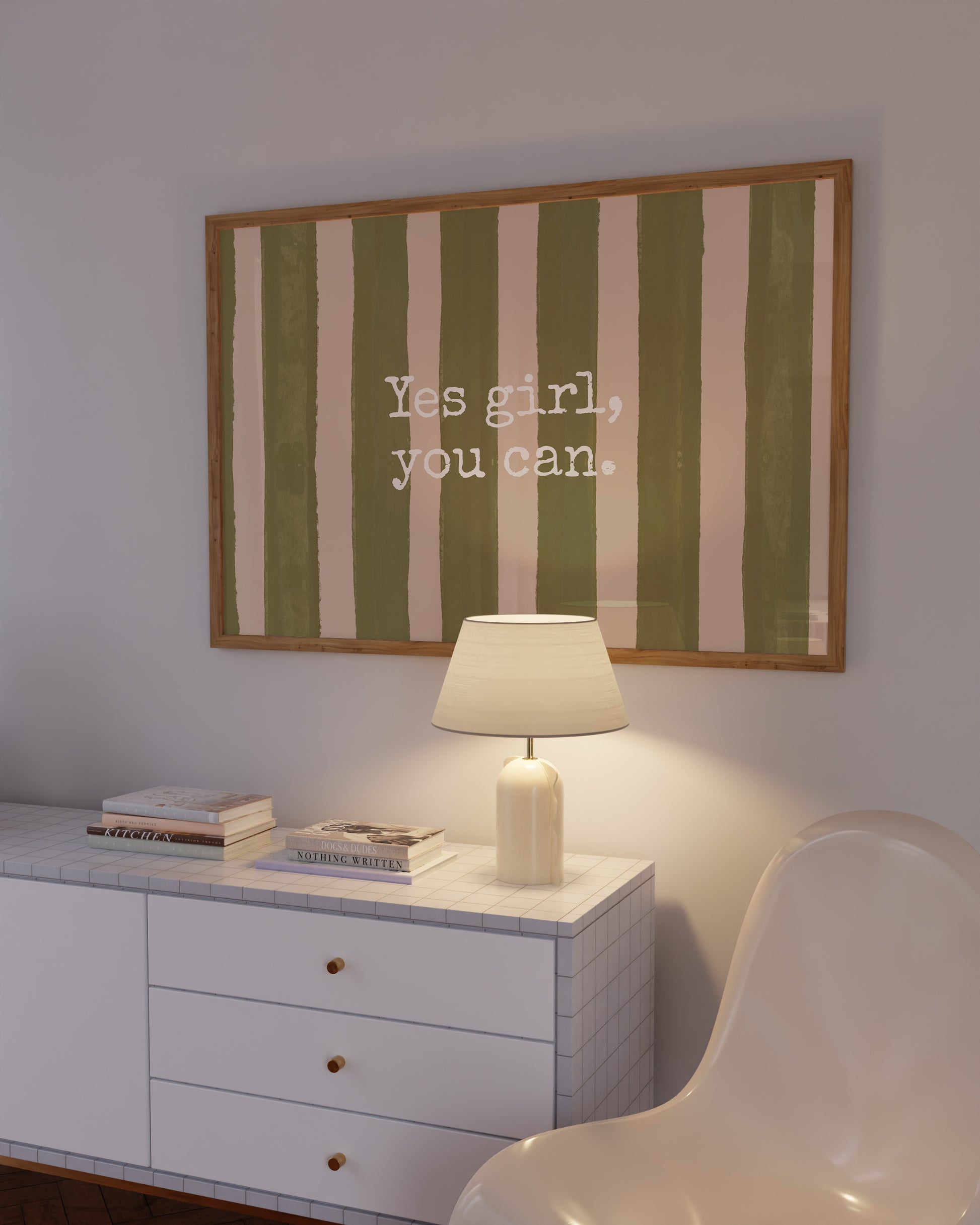 Horizontal wall print with bold olive green brush stroke vertical stripes on a warm cream background with white typewriter font text reading Yes girl, you can.