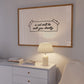 Horizontal wall print on a white background with a hand-drawn taped note in cursive script reading a cat will be with you shortly