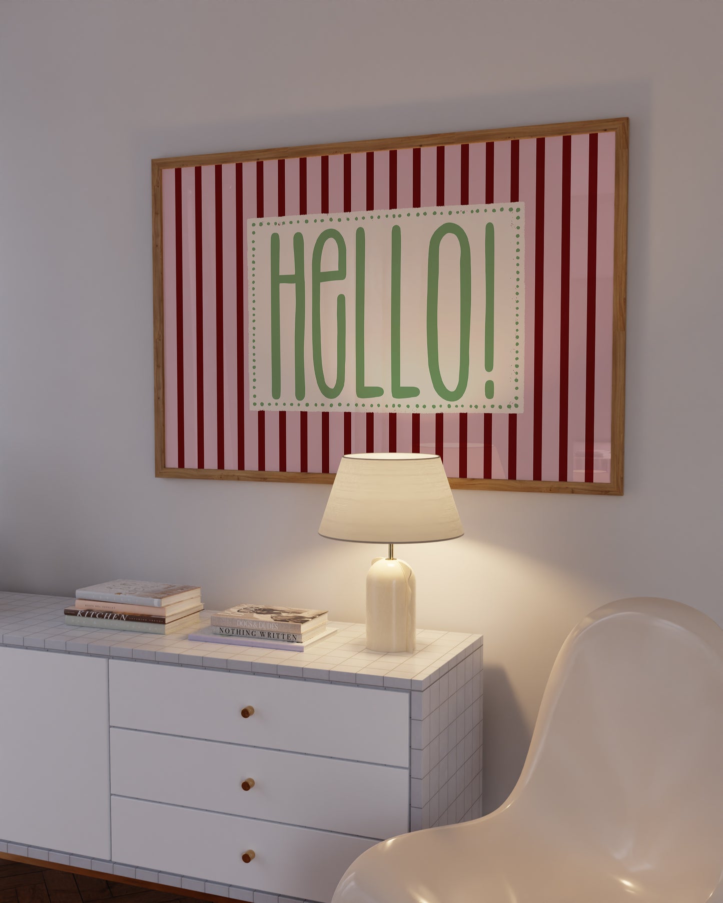 Horizontal wall print with bold dark red vertical stripes and a green dotted border text box reading HELLO! in chunky rounded green font
