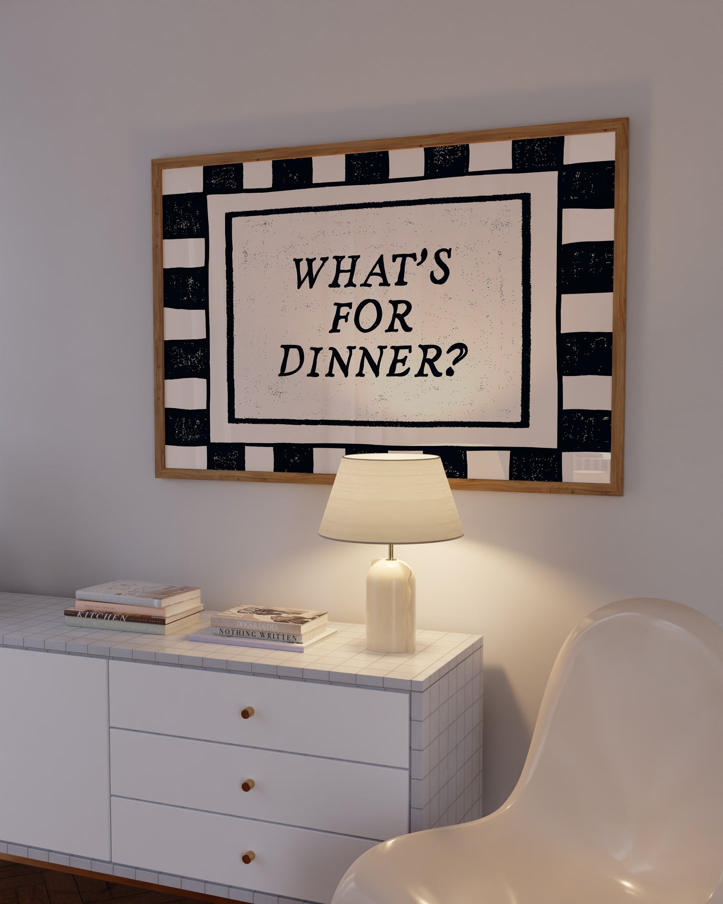 What's For Dinner black white checkered horizontal art print — bold funny kitchen dining room wall decor