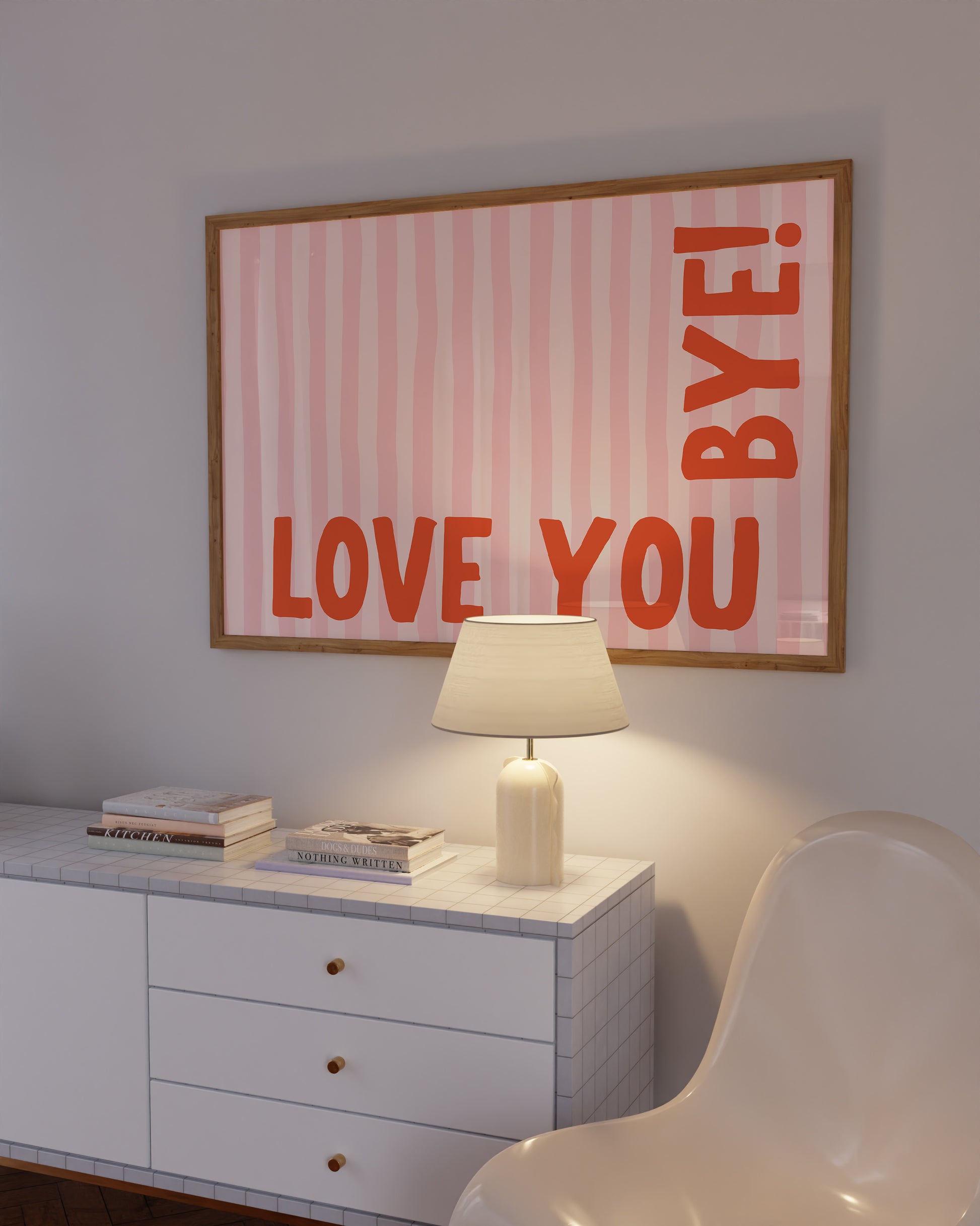 Horizontal wall print with soft pink wavy vertical stripes and bold red rounded typography reading LOVE YOU BYE! in the bottom corner