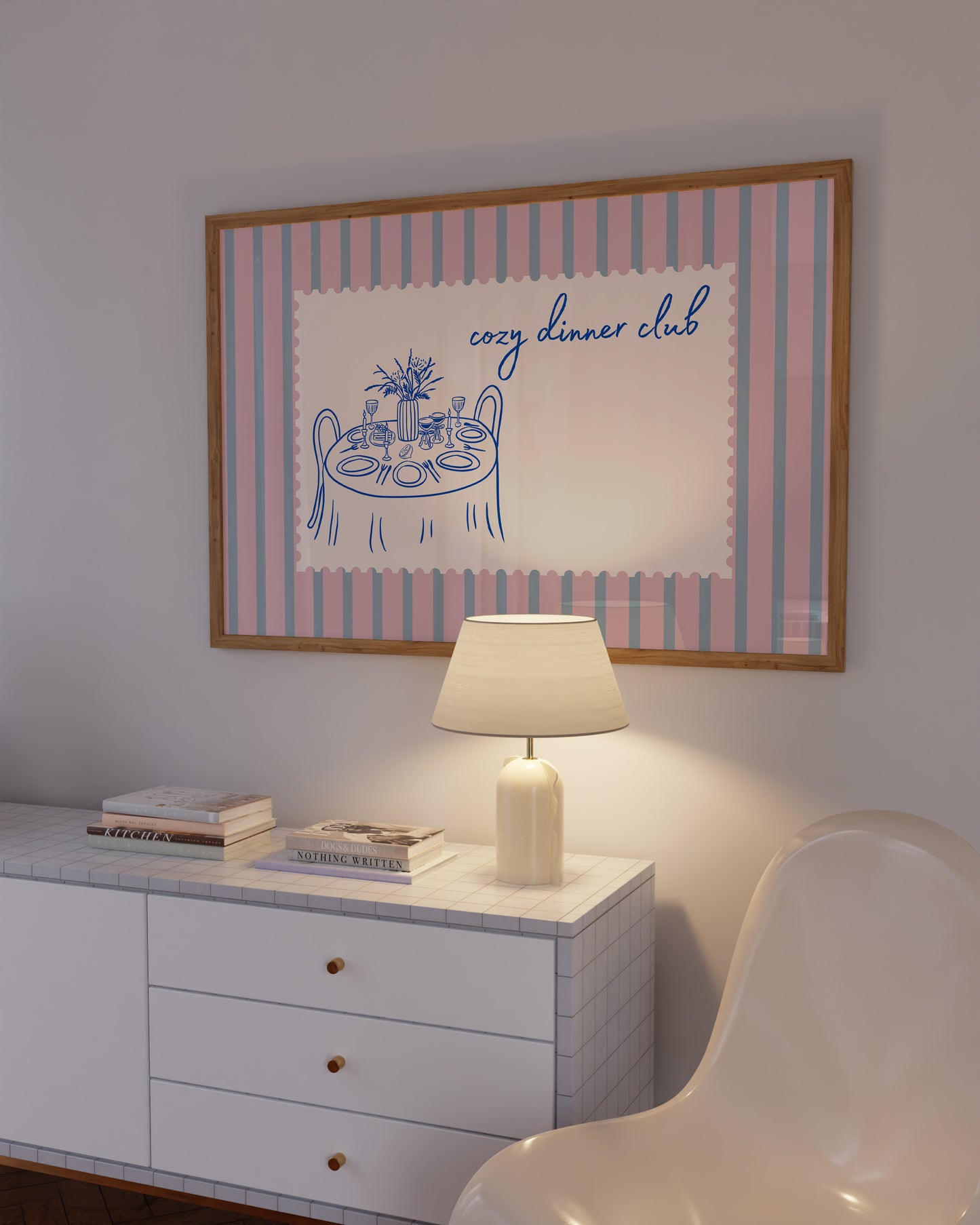 Pink & Blue Striped Cozy Dinner Club Art - Digital Print