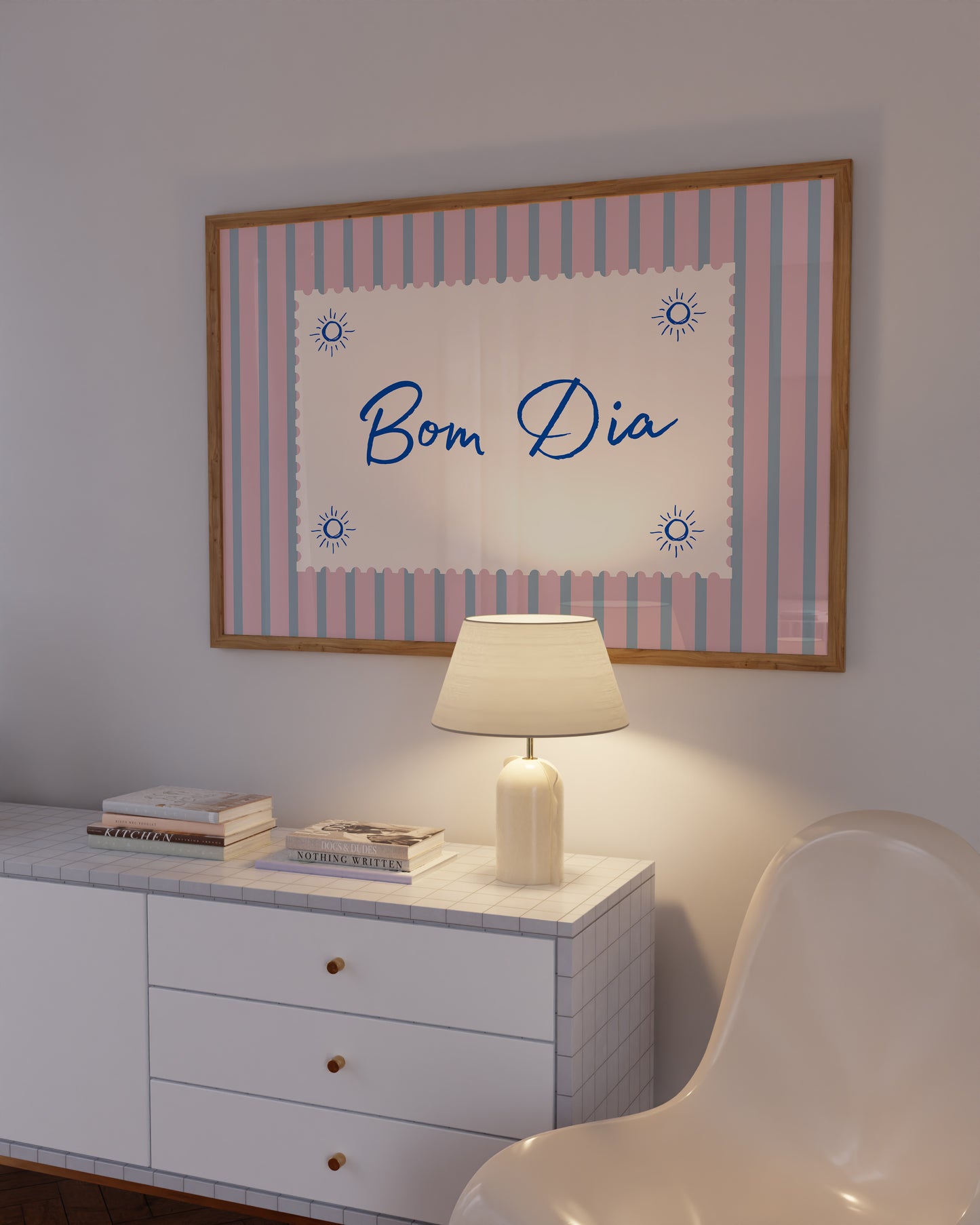 Bom Dia Pink Striped Horizontal Art - Digital Print