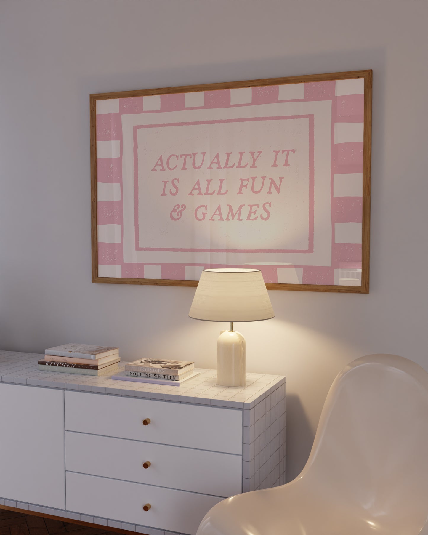 Pink checkered Actually It Is All Fun & Games horizontal art print — bold sassy dorm bedroom wall decor printable