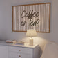 Horizontal print with hand-painted taupe and cream vertical stripes and the question "Coffee or tea?" in brown brush-lettered script across the center.