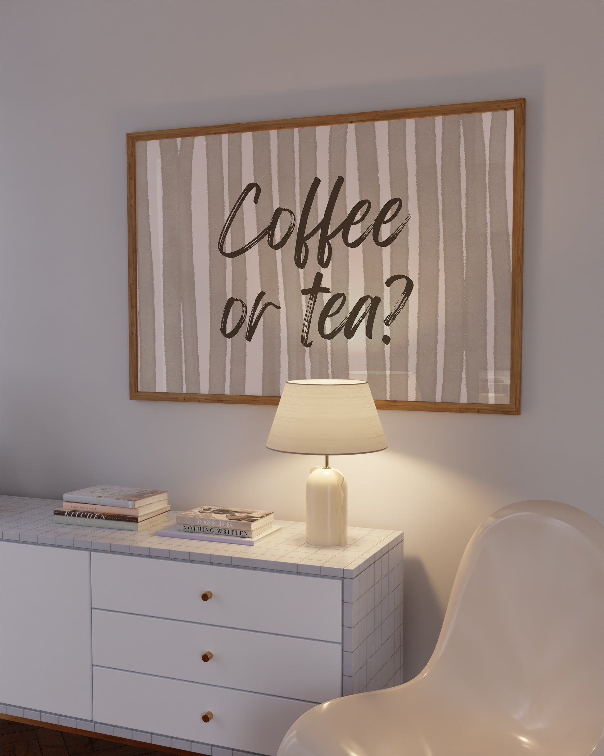 Horizontal print with hand-painted taupe and cream vertical stripes and the question "Coffee or tea?" in brown brush-lettered script across the center.