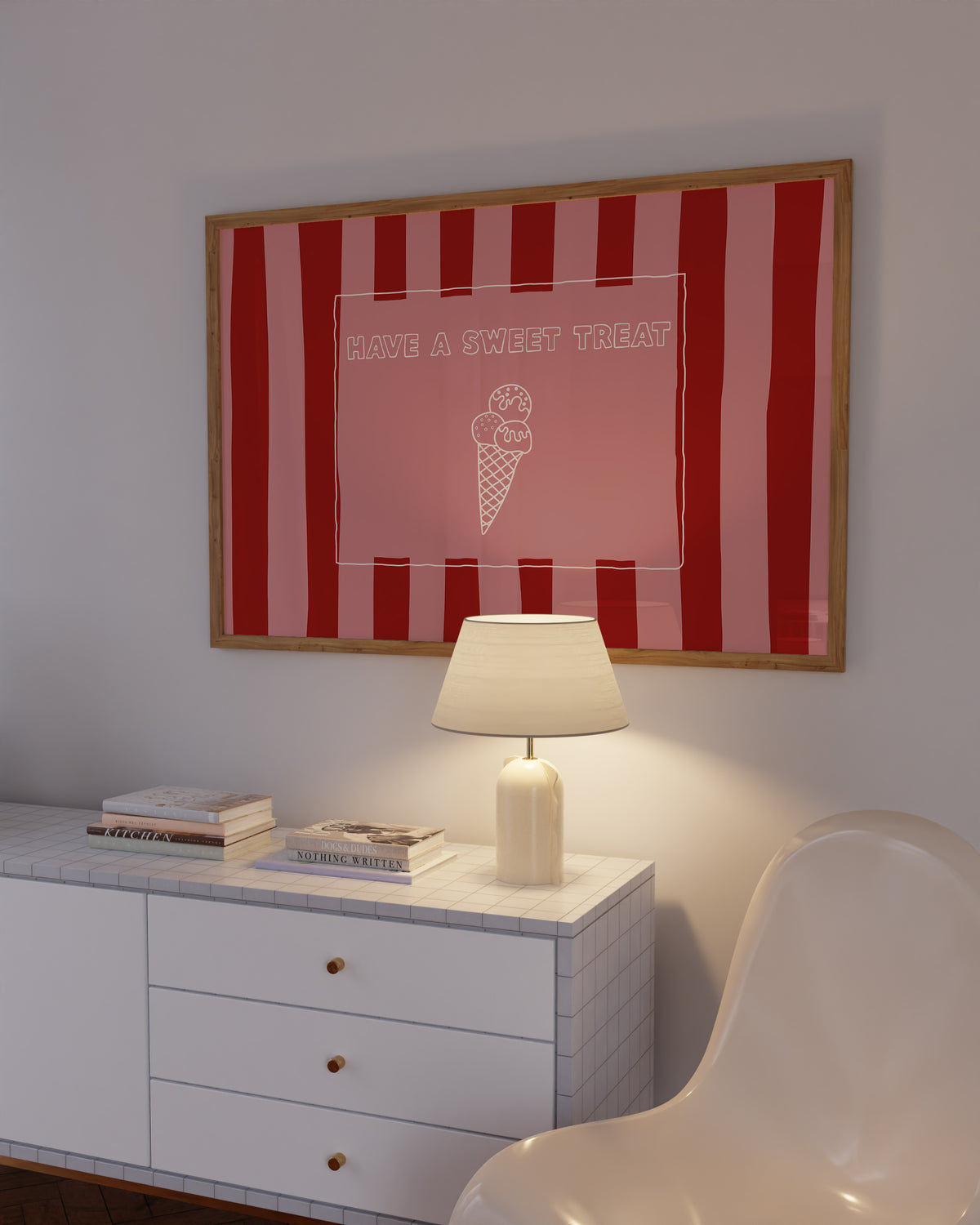 Horizontal print with bold red and pink vertical stripes and a hand-drawn ice cream cone illustration inside a rectangular border, with the words "HAVE A SWEET TREAT" in outlined block lettering.