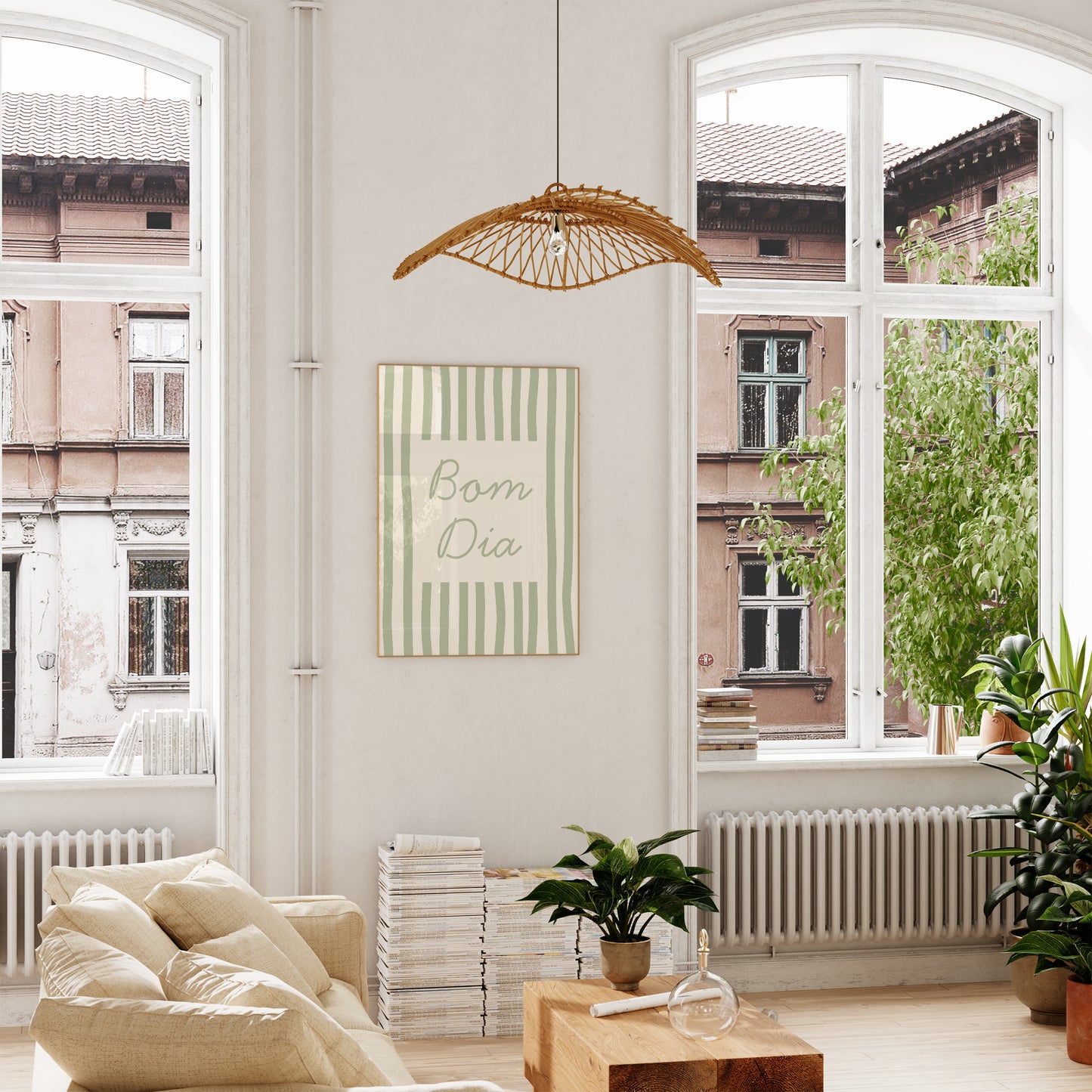 Bom Dia Sage Green Striped Art - Digital Print