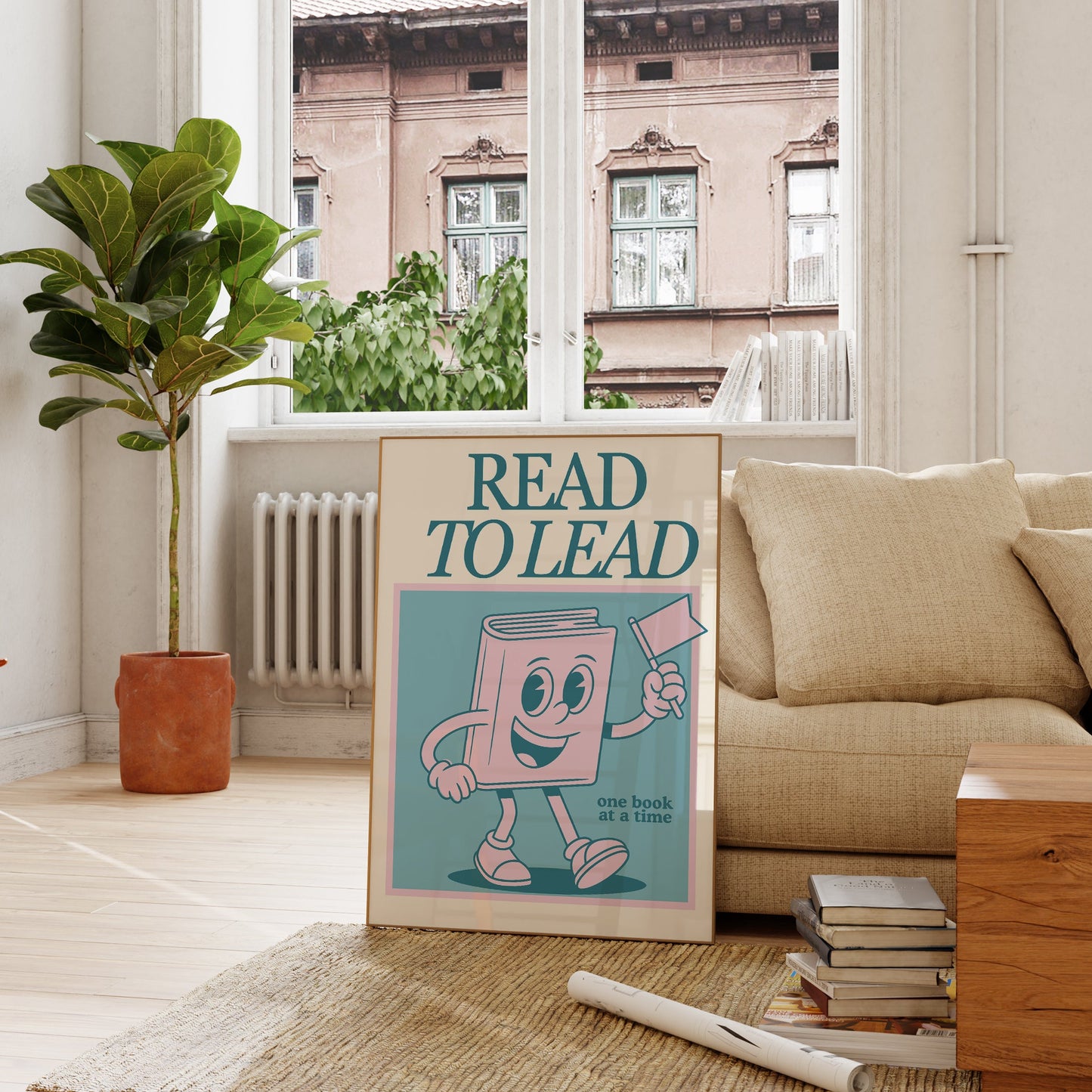 Vertical wall print with bold teal serif typography reading READ TO LEAD above a cheerful retro pink walking book character waving a flag on a teal background