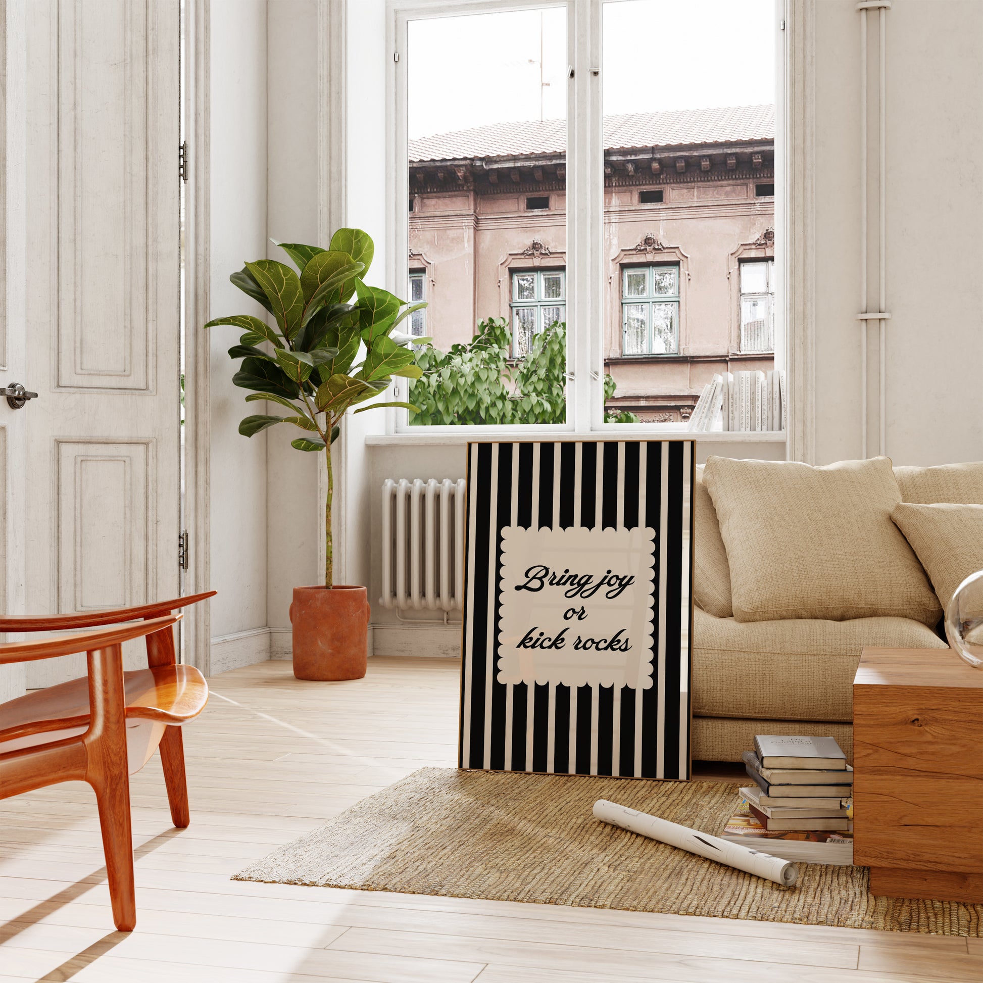 Set of 3 black and white prints: "The Homebody Club" in bold serif type, "Cute Shoes! Take them off." framed by checkered stripes, and "Bring joy or kick rocks" in a scalloped panel on black and white stripes.