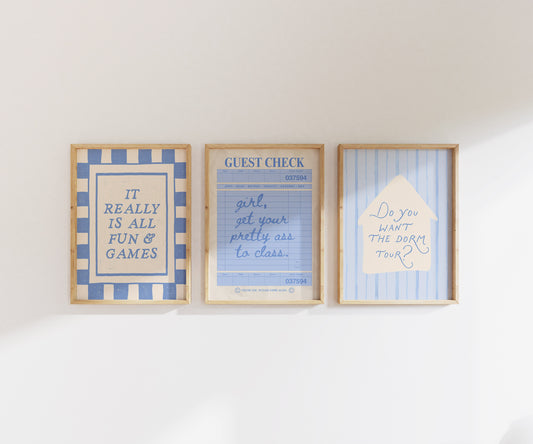 Blue Dorm Art Set of 3 - Trendy Gallery Wall Prints - Digital Print