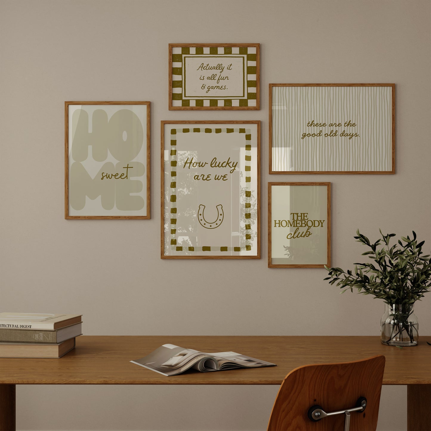Set of five olive and cream prints including a checkered 'Actually it is all fun & games' print, a horseshoe 'How lucky are we' print, 'The Homebody Club', a striped 'good old days' print, and bubble-letter 'Home sweet'