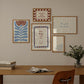 Set of five prints in rust and dusty blue: "How lucky are we" with a horseshoe, "So happy you are here," "What's for dinner?" in a checkered border, "This feels like home" on stripes, and a floral illustration