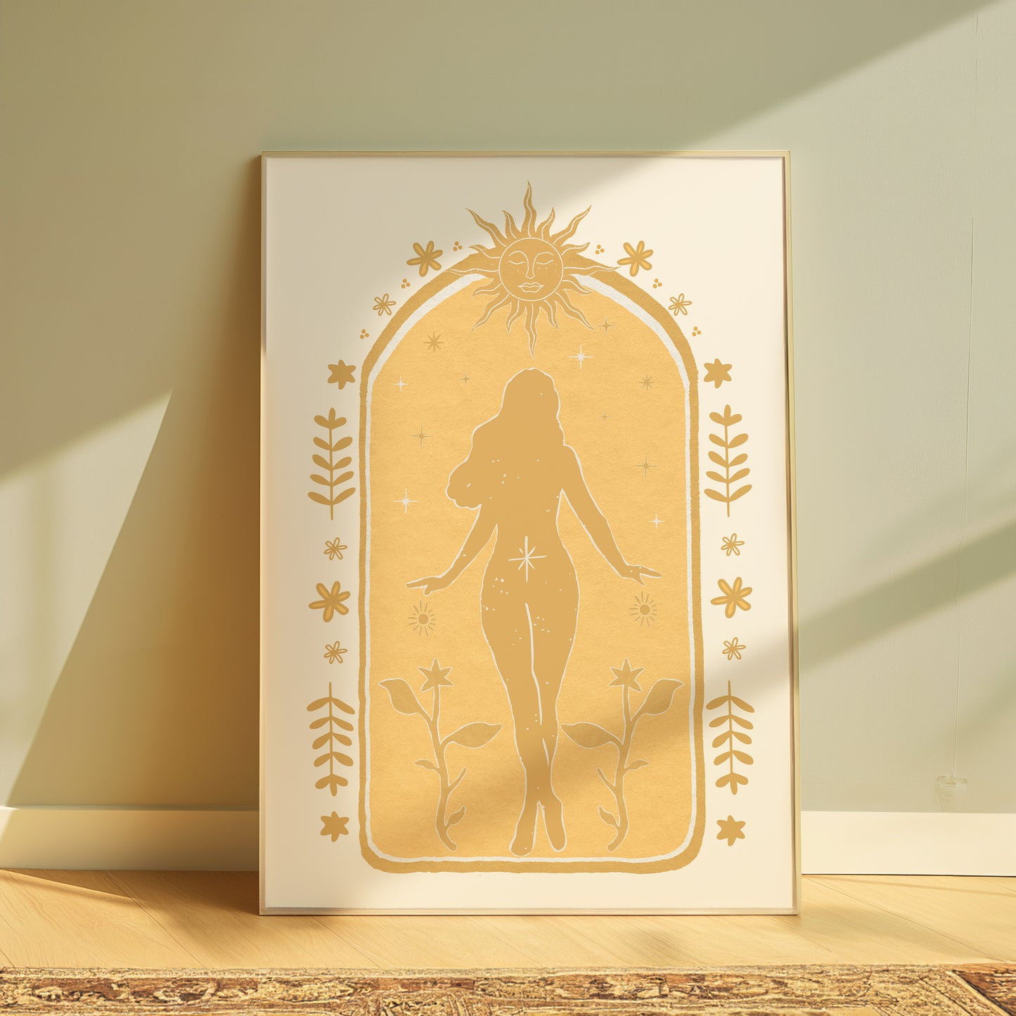 Yellow Sun Goddess Boho Wall Art Print, Flower Decor Wall Art