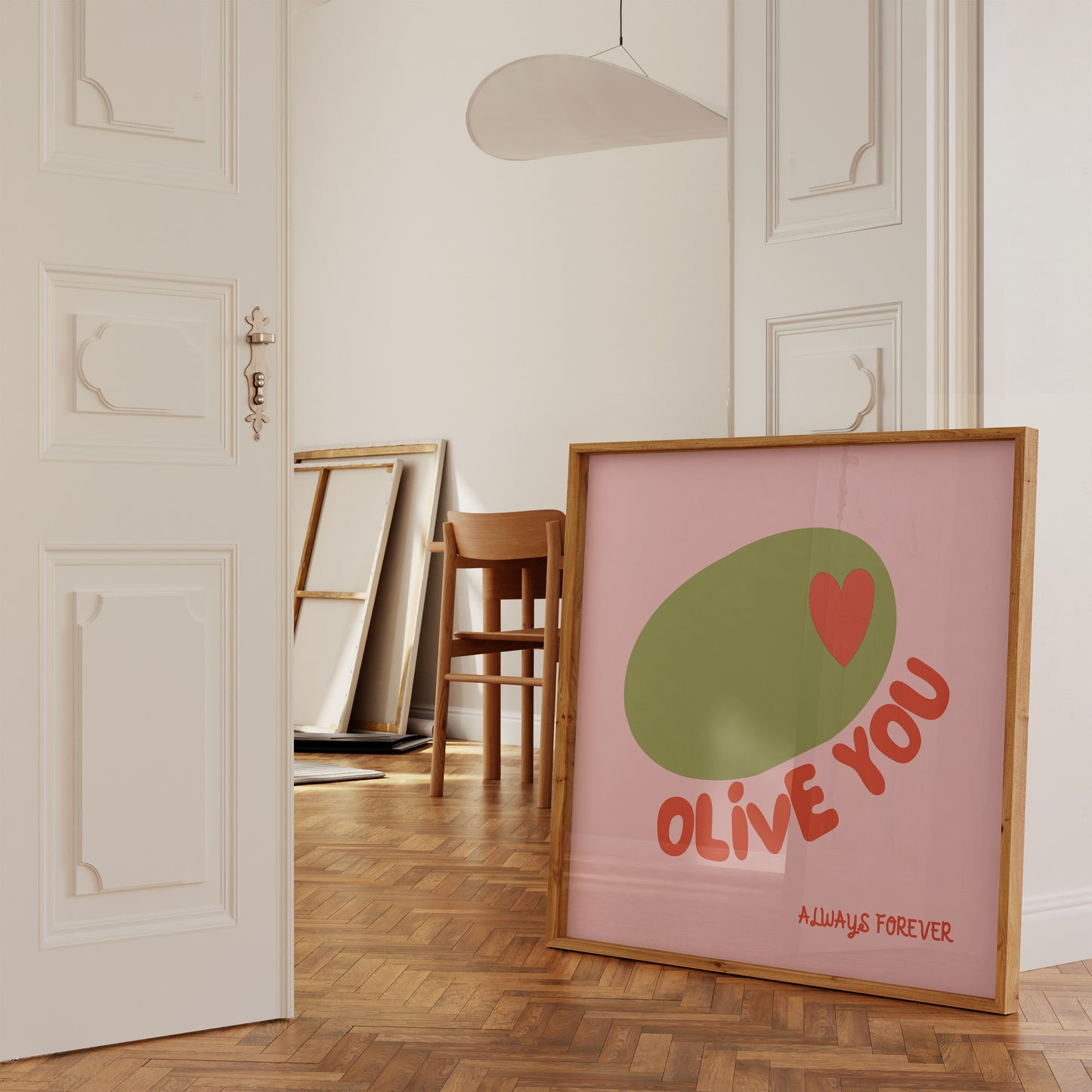 Pink print with a green olive illustration, red heart, and red text "Olive You, Always Forever"