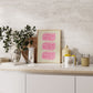 Vertical sage green wall print featuring three stacked illustrated pink butter blocks each labelled BUTTER in bold pink handwritten font