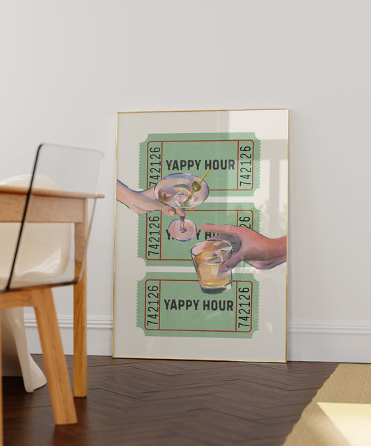 Yappy Hour Ticket | Retro Admission Ticket | Retro Wall Art | Cocktail Poster | Vintage Bar Car