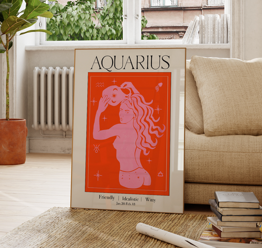 Retro Aquarius Zodiac Goddess Art Print, Boho Aquarius Wall Art