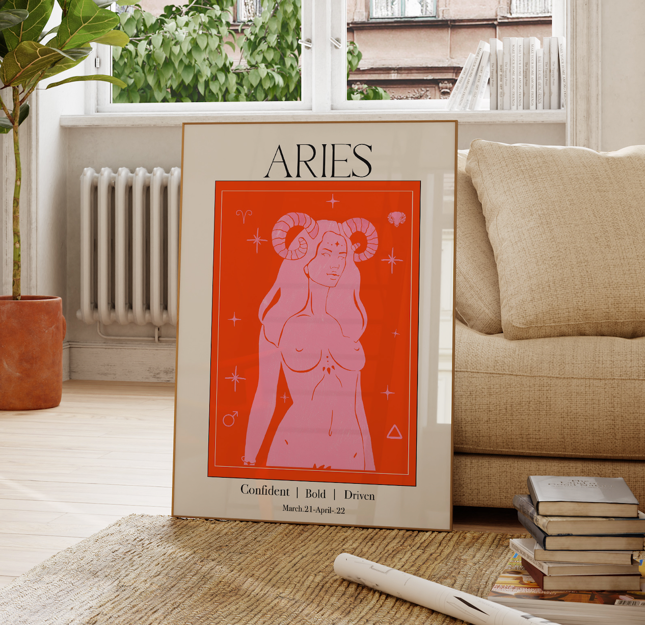 Retro Aries Zodiac Goddess Art Print, Boho Aries Wall Art