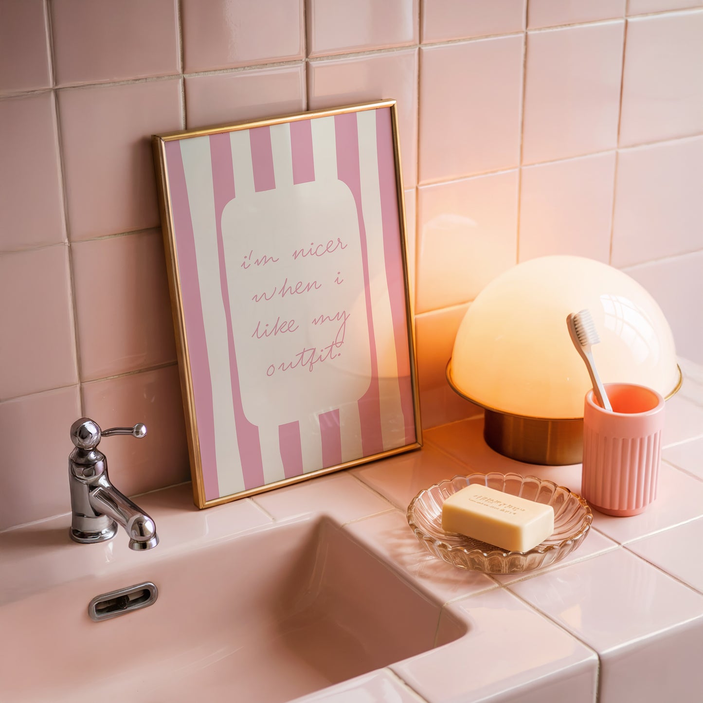 Pink and cream striped print featuring the handwritten quote "I'm nicer when I like my outfit" in pink script