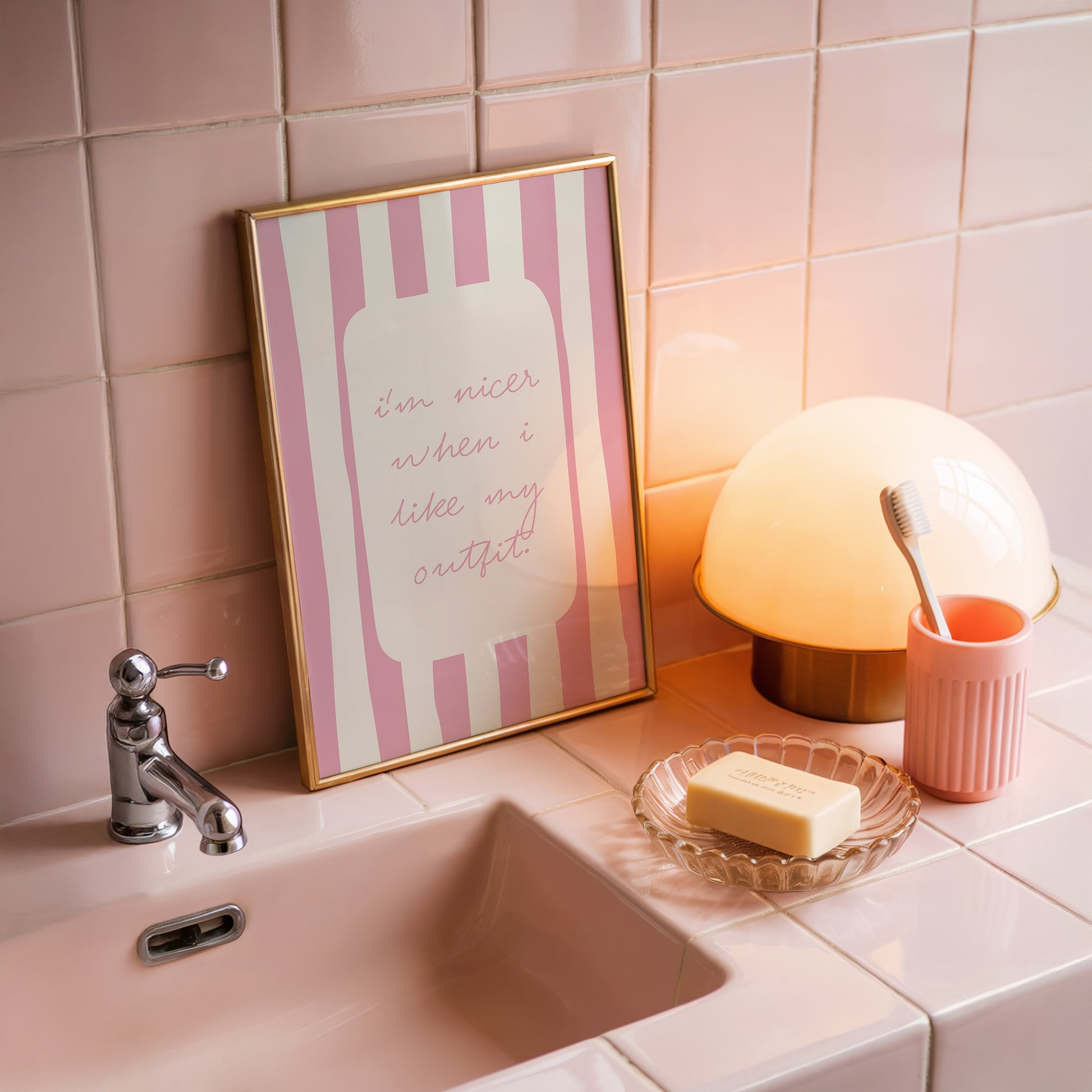 Pink and cream striped print featuring the handwritten quote "I'm nicer when I like my outfit" in pink script