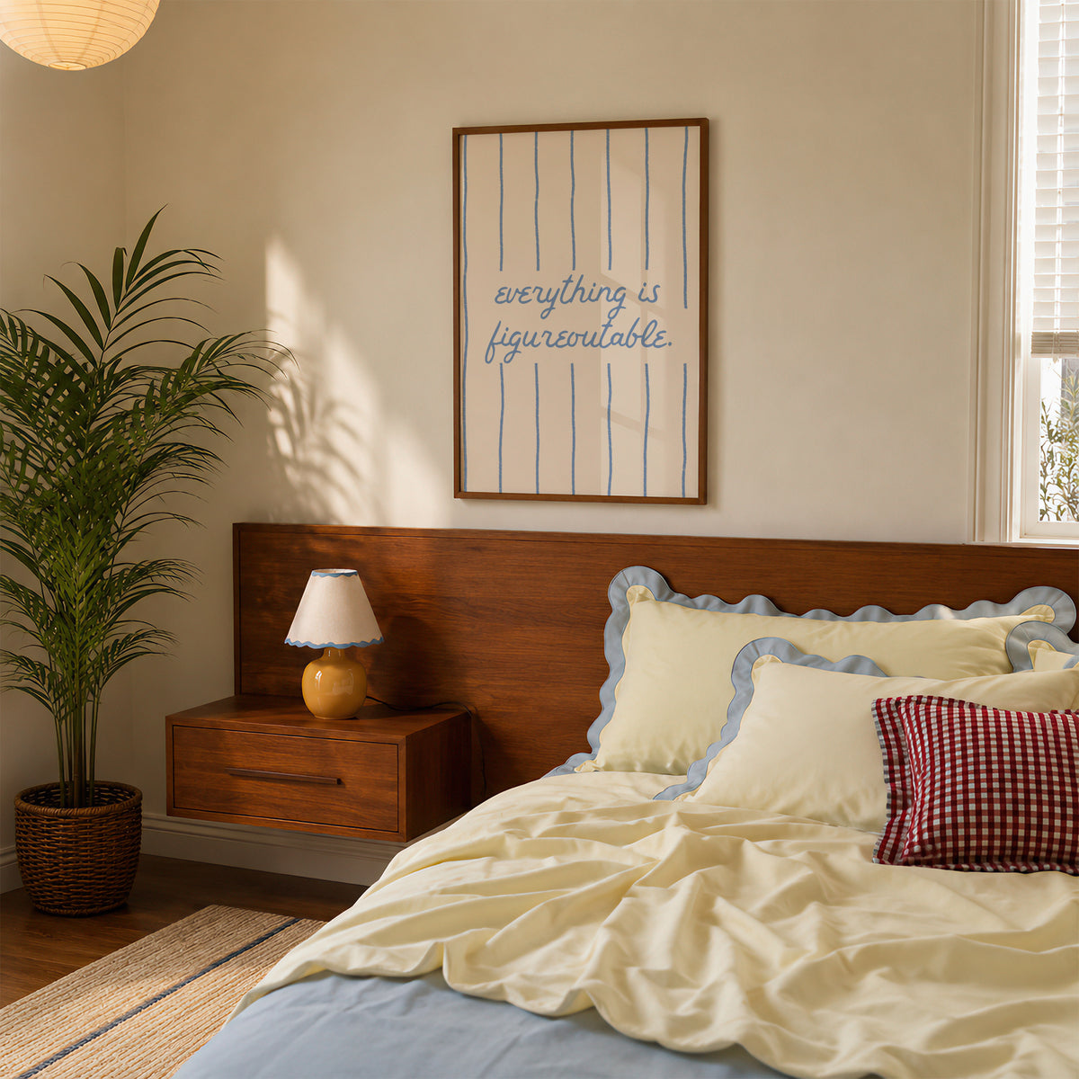 Square digital print with a cream background and blue vertical stripes, featuring the phrase "everything is figureoutable." in blue script centered on the design.