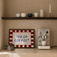White print with a red checkered border and "Tea or Coffee?" in bold navy retro lettering