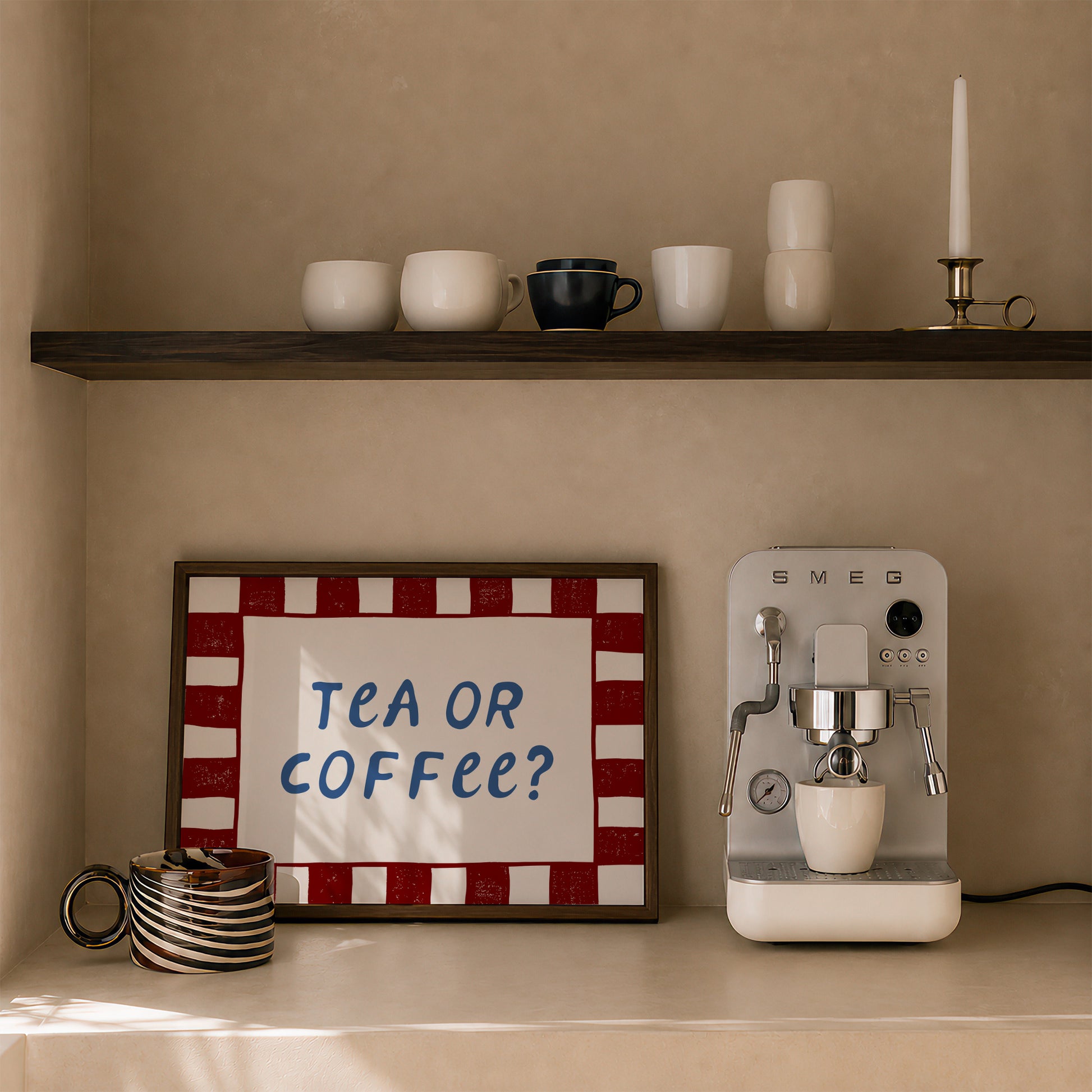 White print with a red checkered border and "Tea or Coffee?" in bold navy retro lettering
