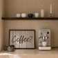 Beige and cream striped print with "Coffee?" in bold brown brush script