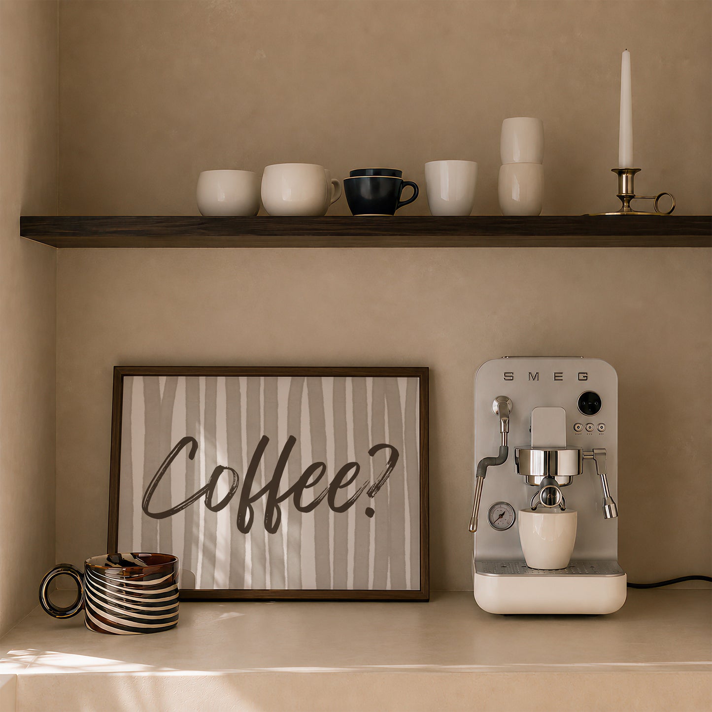 Beige and cream striped print with "Coffee?" in bold brown brush script