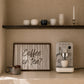Horizontal print with hand-painted taupe and cream vertical stripes and the question "Coffee or tea?" in brown brush-lettered script across the center.