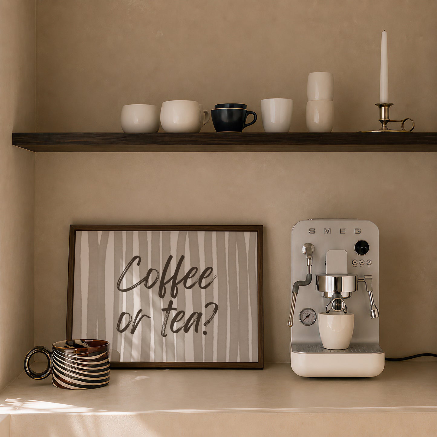 Horizontal print with hand-painted taupe and cream vertical stripes and the question "Coffee or tea?" in brown brush-lettered script across the center.