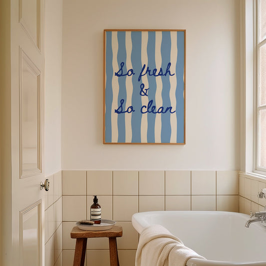 Blue Striped So Fresh So Clean Bathroom Art