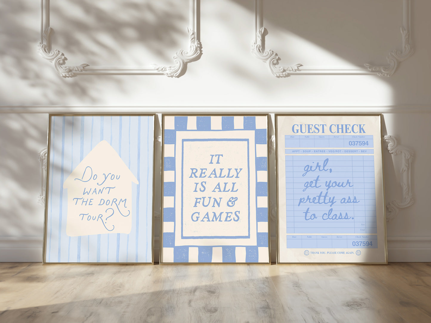 Blue Dorm Art Set of 3 - Trendy Gallery Wall Prints - Digital Print