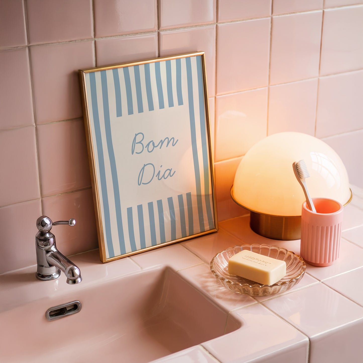 Bom Dia Blue Striped Art - Digital Print