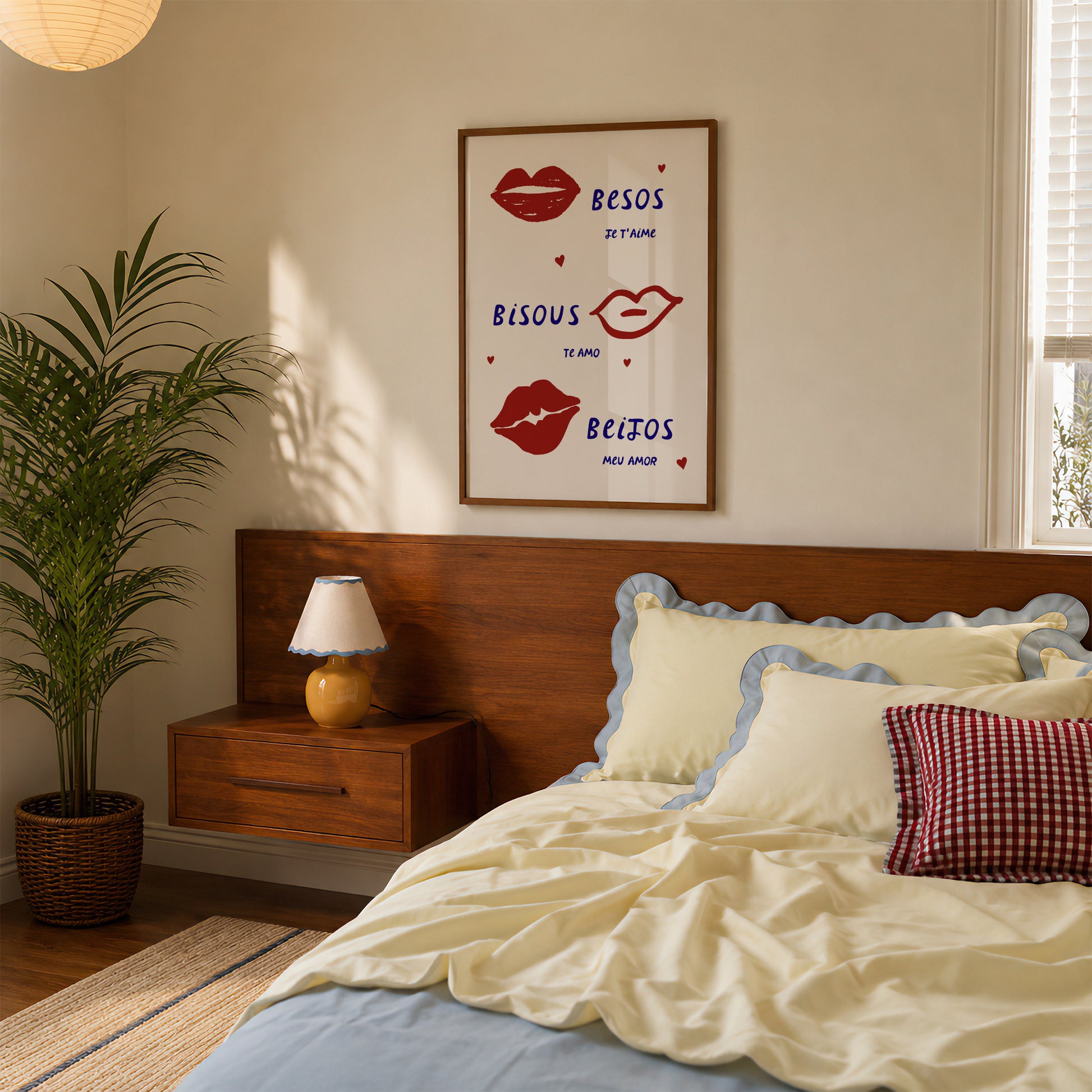 Set of three prints featuring "How lucky are we" with a horseshoe, "This is my happy place" in red stripes, and "Besos, Bisous, Beijos" with illustrated lips