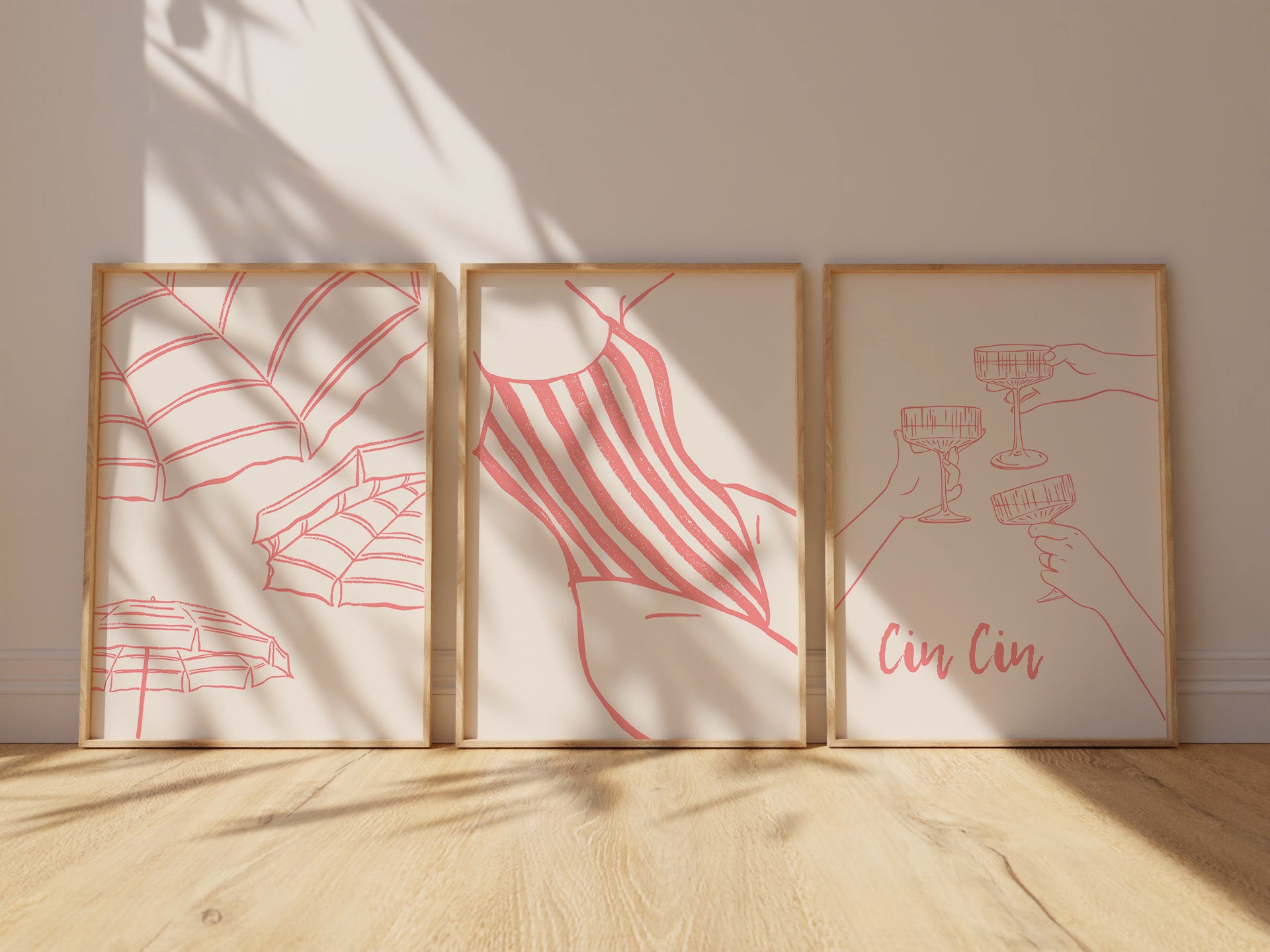 Coral Colored Minimalist Seaside Art Set of 3