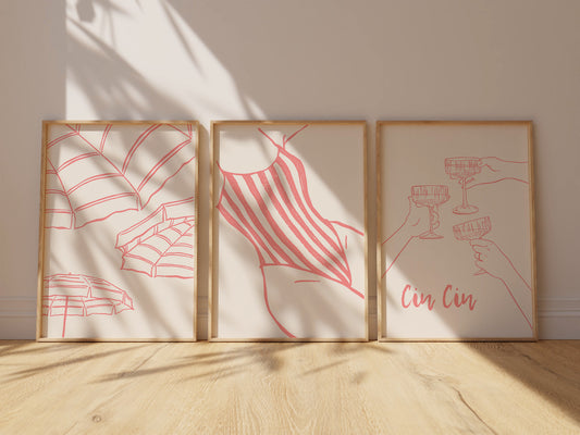 Coral Colored Minimalist Seaside Art Set of 3