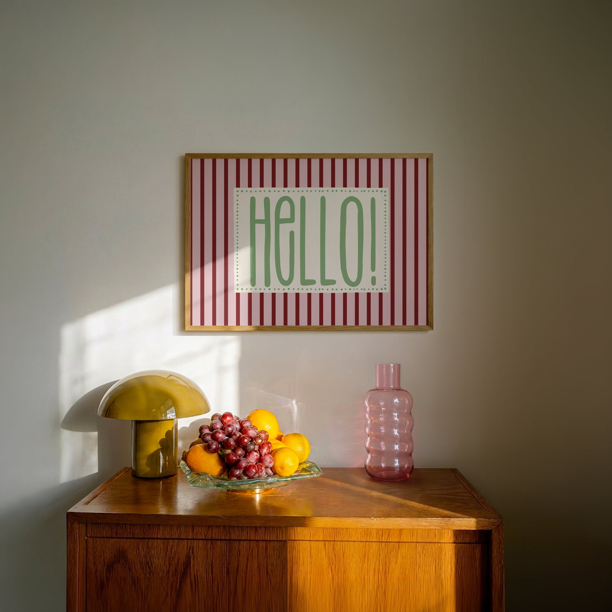 Hello retro stripe print in a wood frame