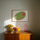 Horizontal print of a large green olive illustration with a small red heart and the words "olive you" in red cursive script, on a cream background.