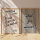 Set of two kitchen prints: "What's for dinner?" in bold striped typography, and "Kisses if you do the dishes" styled as a vintage guest check ticket