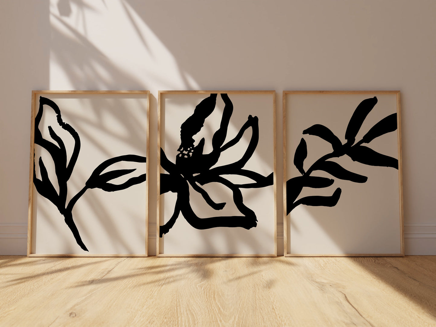 Black Boho Leaf  Wall Art Set of 3